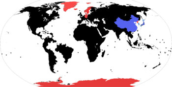 Rød: Norges territorium. Blå: Norges fiender